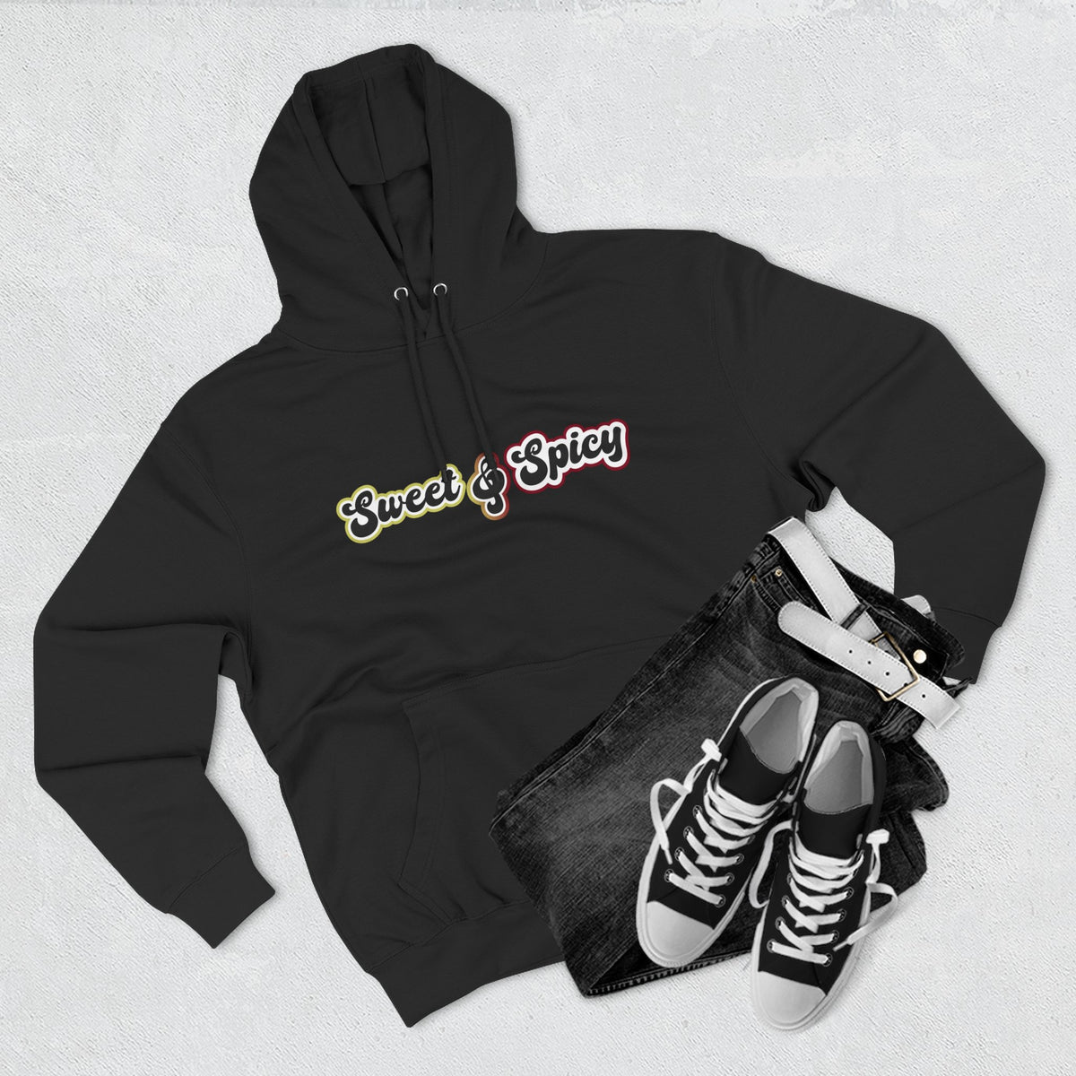 Sweet & Spicy Hoodie — Retro Text Graphic Fleece Pullover